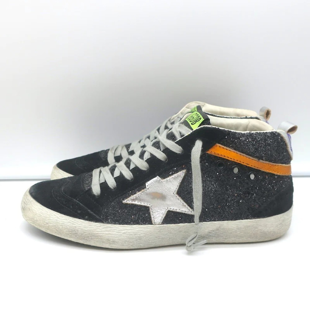 Golden Goose Mid Star Glitter Wing Tip Sneakers Black with Silver Star Size 38 - Picture 5 of 11